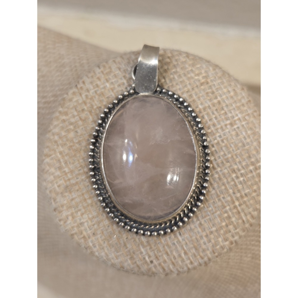 Large Vintage Sterling Silver Rose Quartz Oval Statement Pendant 925
